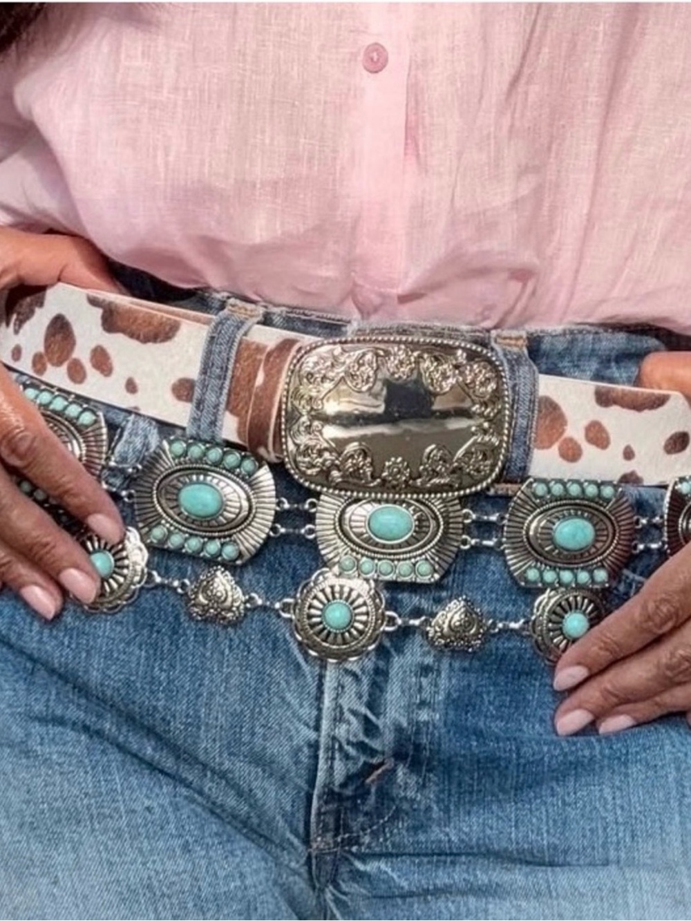 Western Turquoise & Sterling tone Silver Concho Belt